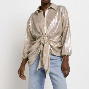 River Island Champagne Gold Sequin Tie Front Blouse